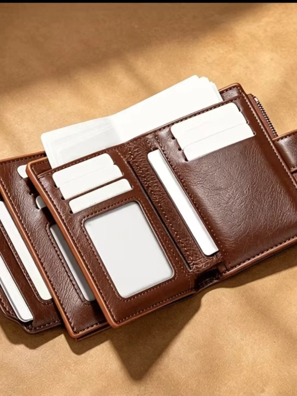Men's Coffee Trifold Wallet with Detachable ID Window & Multi Card Slots NEW